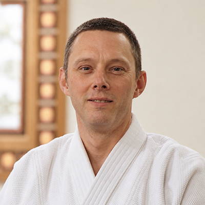 Aikido instructor David teaching children’s martial arts class at Mirfield Martial Arts Club in West Yorkshire